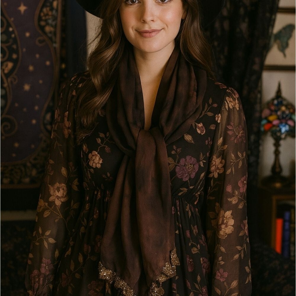 Chocolate Brown & Gold Oversized Scarf Gold Rhinestone Trim Ruffles Sequins